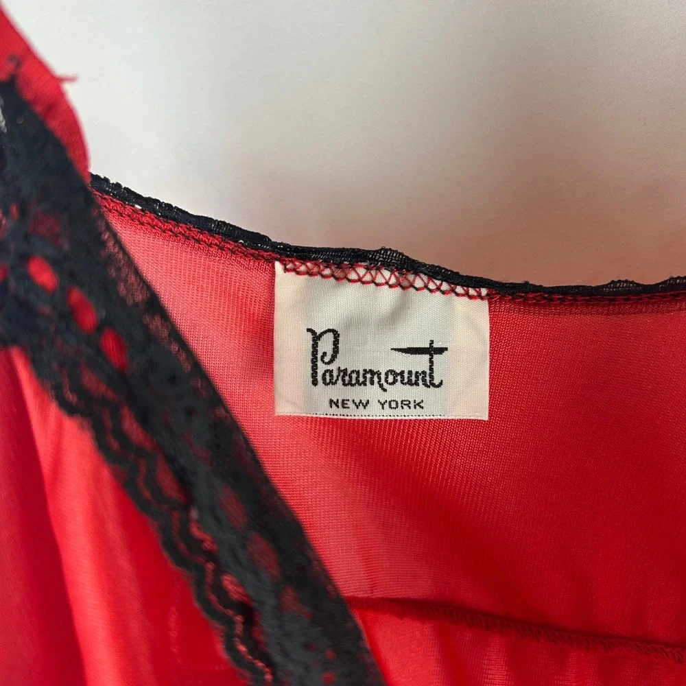 Vintage Paramount‎ New York Red Satin Nightgown Black Lace Trim Maxi Slip Dress